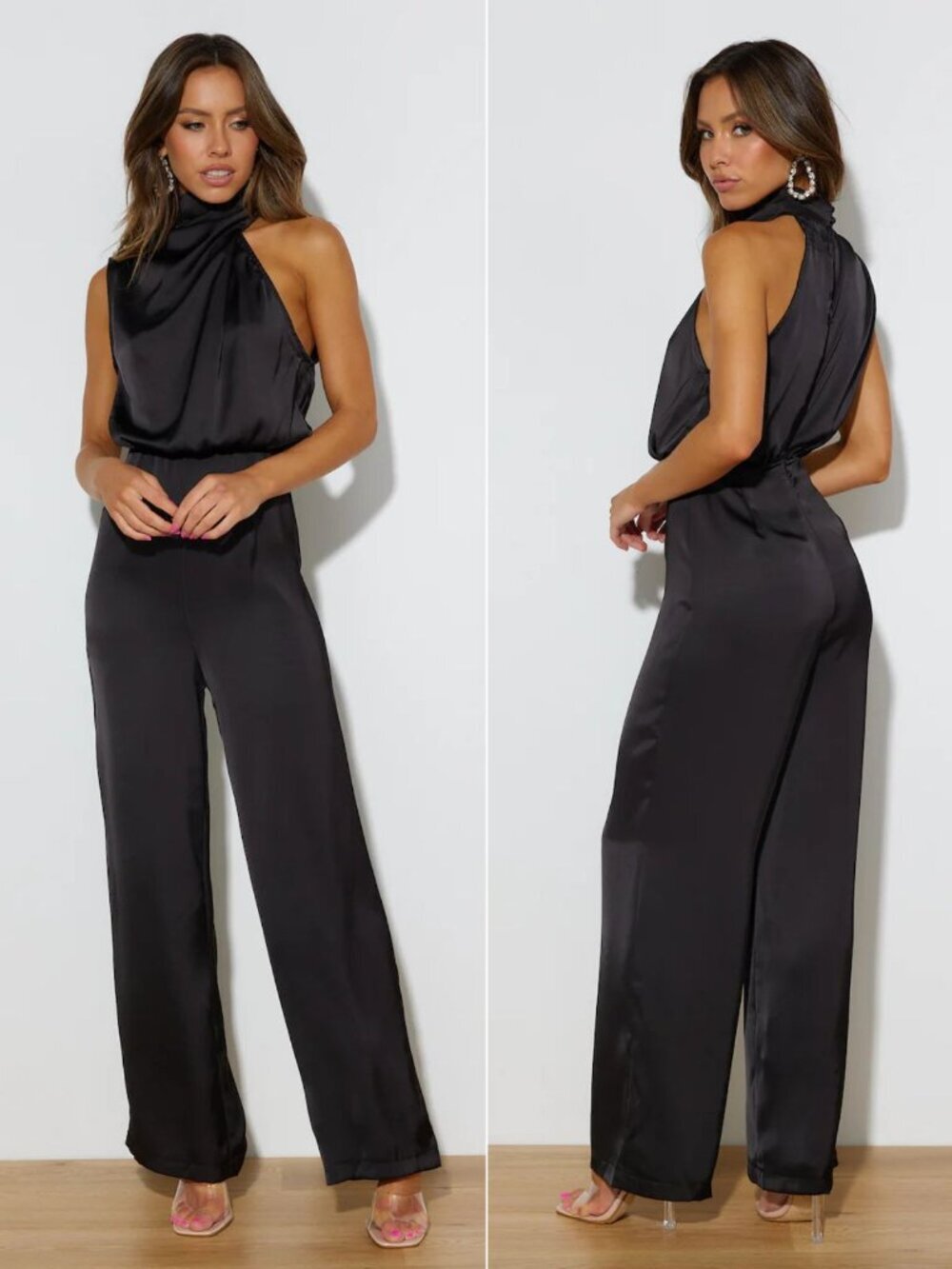 Hello Molly Black Satin Halter Jumpsuit